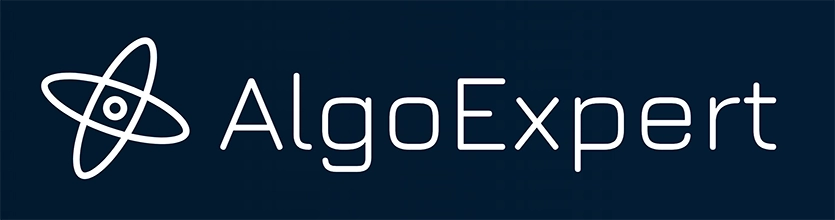 AlgoExpert logo with an atomic symbol to the left of the white text on a navy blue background