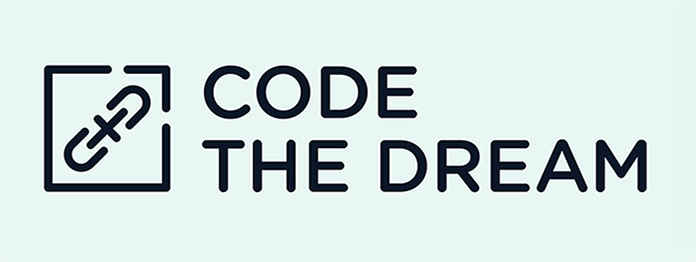 The image is a logo for "Code The Dream". It features a clean, minimalist design with the name of the organization in uppercase, sans-serif typography. To the left of the text is a stylized square icon containing what appears to be a looping, abstract representation of coding or data flow. The color palette is muted, with a light blue or teal on a white background, emphasizing a modern and technological aesthetic.