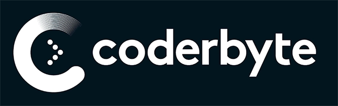 The image features the logo of "Coderbyte" on a dark background. The logo is predominantly white and consists of the word "coderbyte" in lowercase letters, with a stylized representation of a "C" to the left that incorporates elements reminiscent of both a crescent moon and a digital data stream pattern.