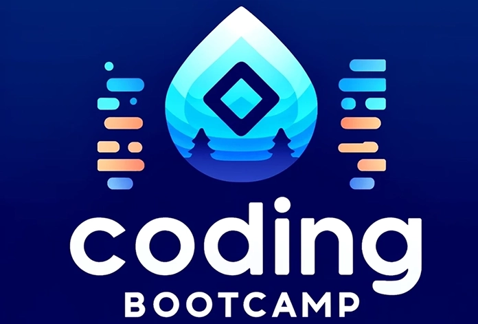 The image displays a logo for a "Coding Bootcamp". The logo consists of a large, central water droplet icon with a chevron symbol inside it, signifying dynamism or progress. To the left of the droplet, there are three vertical bars with segments filled in varying shades of orange and blue, resembling a stylized data or progress indication. Below the graphic elements, the words "coding BOOTCAMP" are prominently displayed in a bold, modern font. The background is a deep blue, giving the overall design a professional and tech-oriented look.