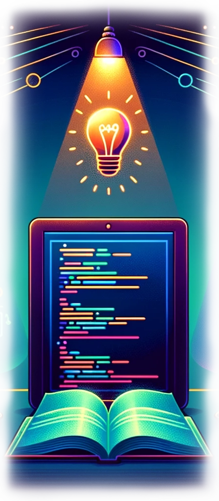 This image illustrates the concept of knowledge and innovation in the digital era. The central element is a glowing lightbulb, symbolizing a bright idea or inspiration. This lightbulb is placed above a laptop, which has lines of colorful code displayed on its screen, indicating programming or software development. The laptop is set on an open book with blue, glowing pages, suggesting that the foundation of these modern technologies is deeply rooted in traditional knowledge and learning. The background is dark with circuit-like patterns and bright nodes, possibly representing a network or digital connections. The overall theme merges the traditional symbol of knowledge—a book—with modern technology, portraying the evolution of learning and innovation.