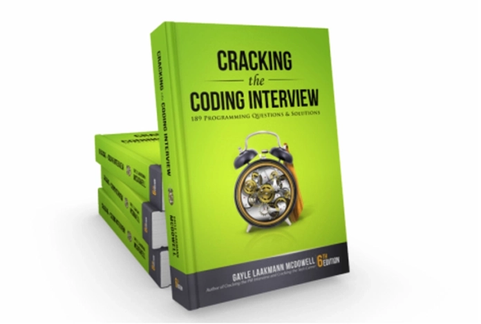 The image shows a stack of bright lime green books titled CRACKING the CODING INTERVIEW with the subtitle 189 Programming Questions & Solutions by Gayle Laakmann McDowell, 6th Edition. On the cover, there's an illustration of a classic alarm clock with visible gears, signifying the intricate and time-sensitive nature of preparing for coding interviews. The books are arranged in a slightly fanned-out stack, with the frontmost book standing upright and facing the viewer.