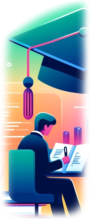 Illustration of a stylized, circular educational theme with vibrant gradient colors. In the foreground, a male figure is seated at a desk reading a book, symbolizing a student. Above him is a large graduation cap, hinting at the goal of education. The background features an abstract cityscape with skyscrapers, a flying airplane, and various educational icons such as a diploma, suggesting the broader horizons and opportunities education can open up. A briefcase sits to the right of the student, representing the professional aspirations that education can help achieve.