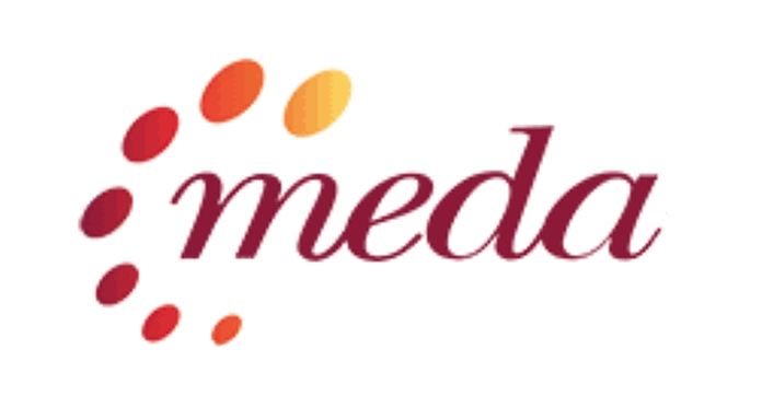 The image displays the word 'meda' in lowercase, script-like typography. The letters are dark red, and there is a cluster of seven circles in a gradient of colors from yellow to dark red, arranged in a circular pattern to the top right of the text, giving the impression of dynamism or motion. The design is simple yet elegant, with a warm color palette that suggests creativity and energy.