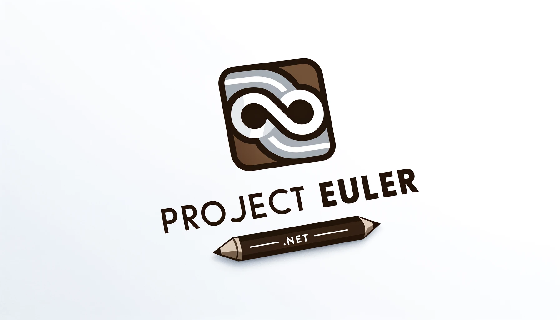 Project Euler words with a white background, featuring a stylized infinity symbol in brown and gray above the text 'Project Euler' in bold brown font, and a pencil icon below with the text '.Net' in white.