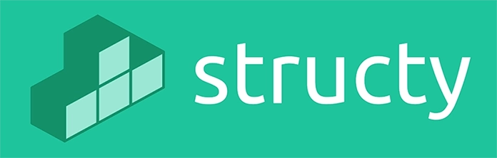 The image is a logo on a vibrant green background. On the left, there is a stylized, three-dimensional structure resembling a building made of cubes, primarily in two shades of green, suggesting depth and perspective. To the right, the word 'structy' is written in a bold, sans-serif, lowercase font, in a lighter shade of green that complements the background. The design conveys a sense of structure and architectural design, fitting the name 'structy'.