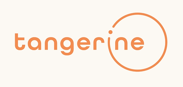 The image displays the word tangerine in lowercase, modern sans-serif font, colored in a soft orange hue. The i in tangerine is dotted with a stylized orange circle that loops around the word, suggesting a tangerine fruit and giving a fresh, clean, and modern aesthetic to the brand's logo.