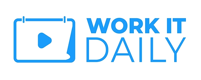 The image displays a logo consisting of the phrase 'WORK IT DAILY' in uppercase, bold, sans-serif lettering. The color of the text is a vibrant blue. To the left of the text is a graphic element that resembles a calendar icon with a play button symbol inside, suggesting a focus on daily progress or activity. The icon is also in the same shade of blue, creating a cohesive and energetic visual identity.